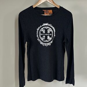 Tory Burch Dark Grey Monogram Pima Cotton Long-Sleeve Crew Tee